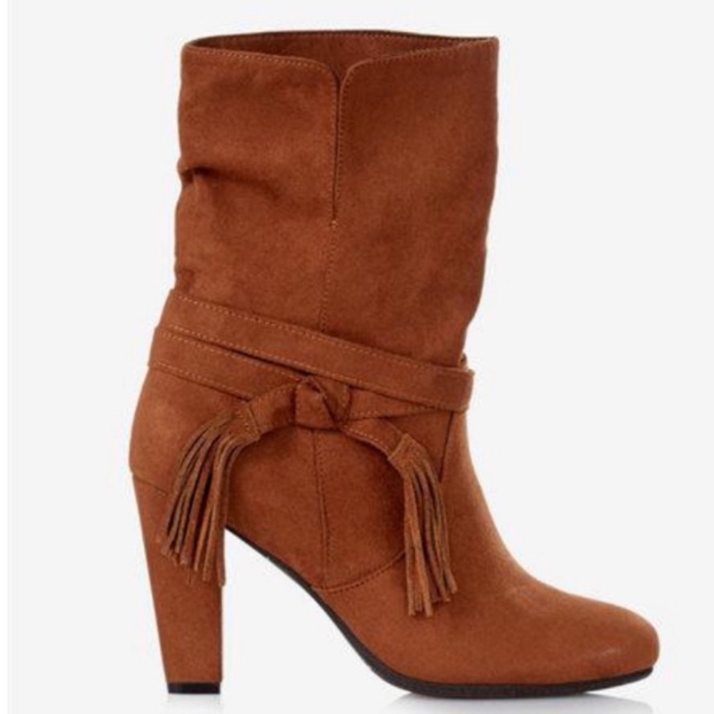 Express Brown Suede Tassel Fringe Slouch Boots 3.5 inch heel